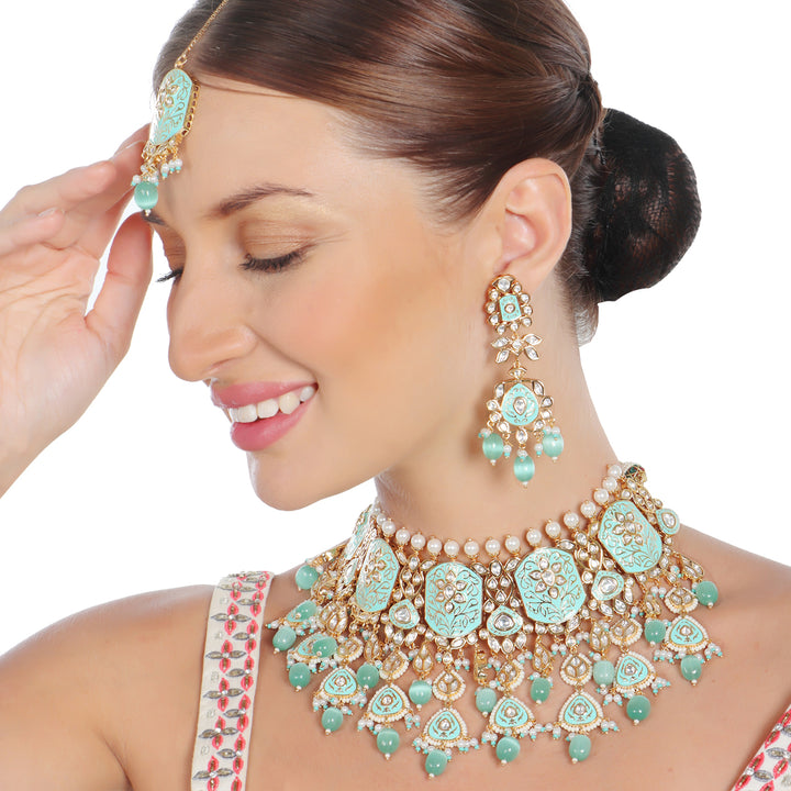 Exquisite Mint Meenakari Kundan Choker Set With Matching Danglers And Maang Tikka