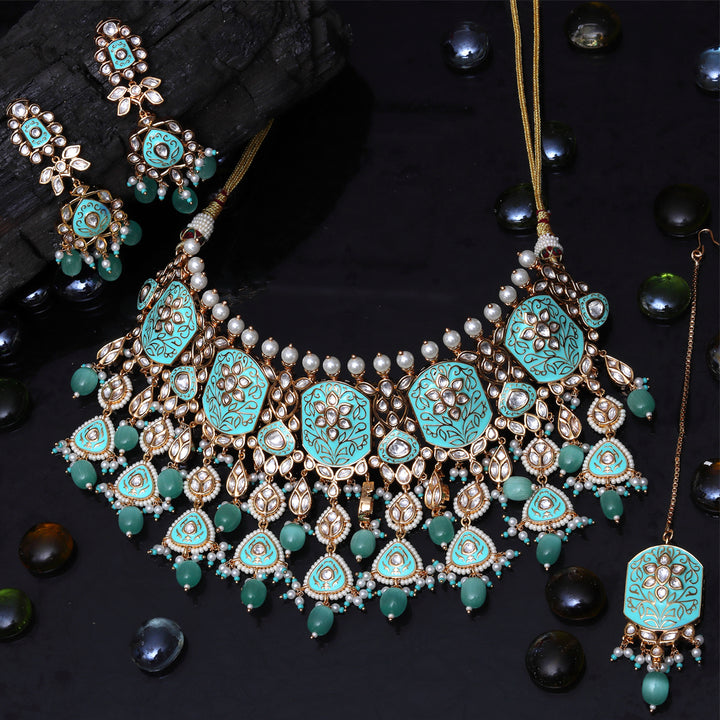 Exquisite Mint Meenakari Kundan Choker Set With Matching Danglers And Maang Tikka