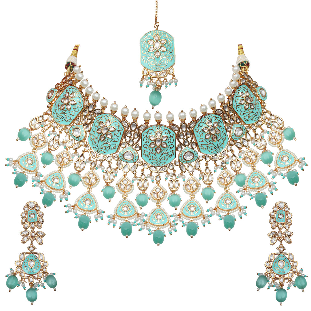 Exquisite Mint Meenakari Kundan Choker Set With Matching Danglers And Maang Tikka