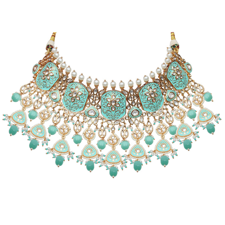 Exquisite Mint Meenakari Kundan Choker Set With Matching Danglers And Maang Tikka