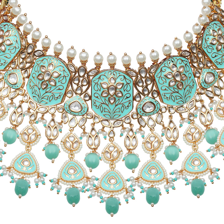 Exquisite Mint Meenakari Kundan Choker Set With Matching Danglers And Maang Tikka