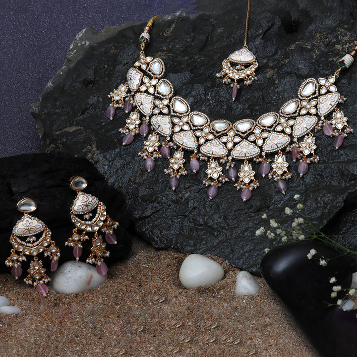 Gold Finished Pink Meenakari Kundan Choker Set