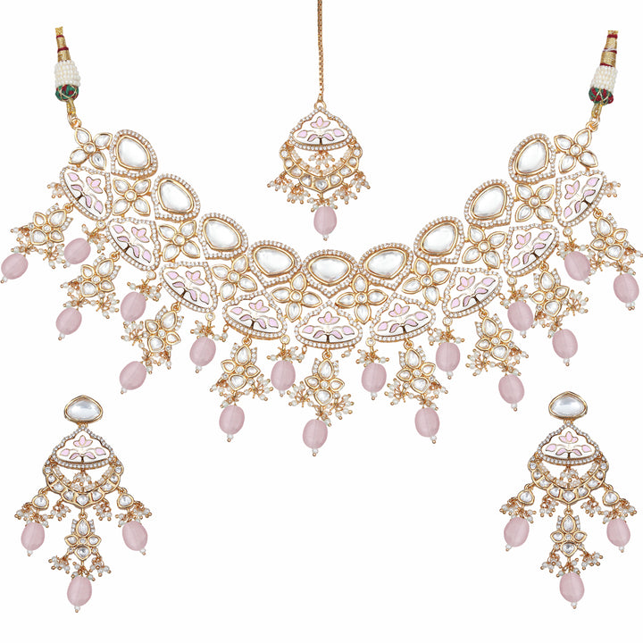 Gold Finished Pink Meenakari Kundan Choker Set