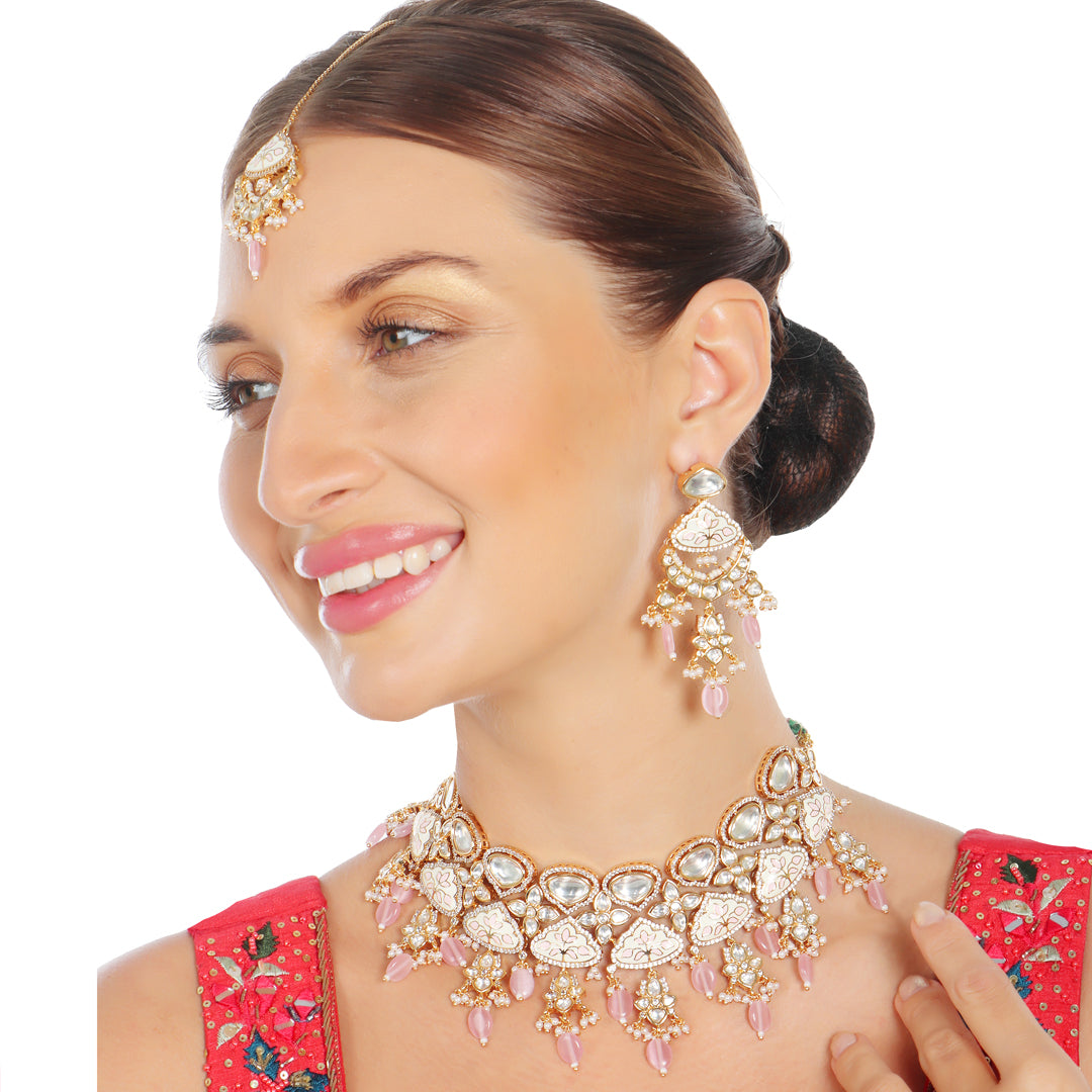 Gold Finished Pink Meenakari Kundan Choker Set