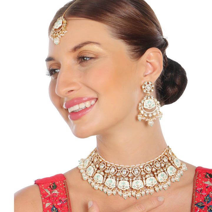 Pink and White Meenakari Kundan Choker Set