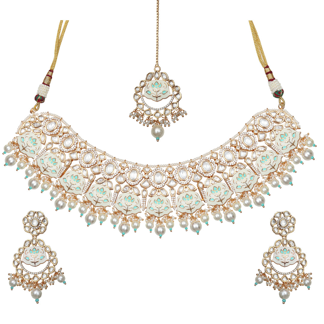 Mint and White Meenakari Kundan Choker