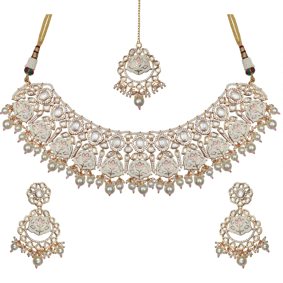 Pink and White Meenakari Kundan Choker Set