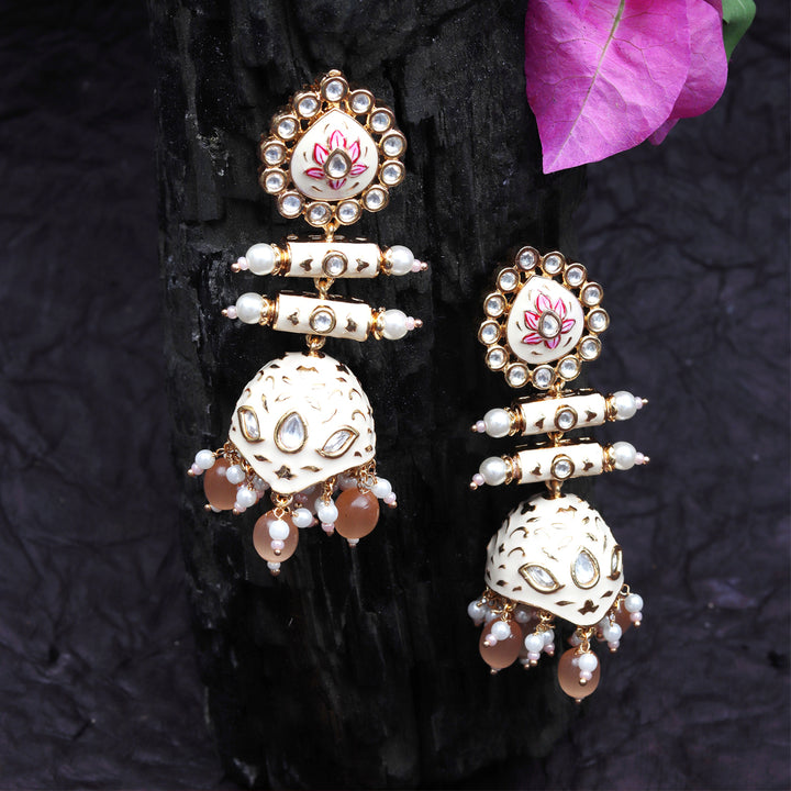 Peach and Pink Meenakari Kundan Jhumkas