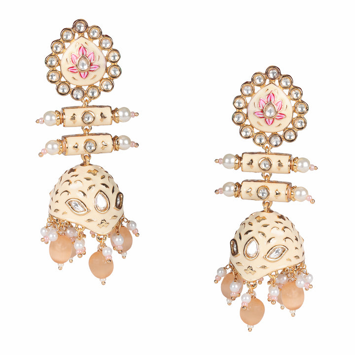 Peach and Pink Meenakari Kundan Jhumkas