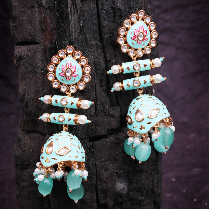 Phirozi and Pink Meenakari Kundan Jhumkas