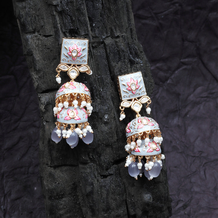 Grey Meenakari Kundan Jhumkas