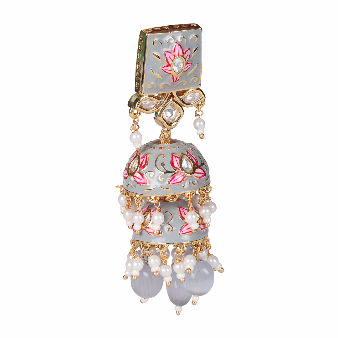 Grey Meenakari Kundan Jhumkas