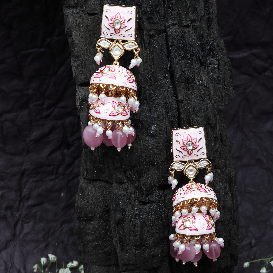 Grey Meenakari Kundan Jhumkas