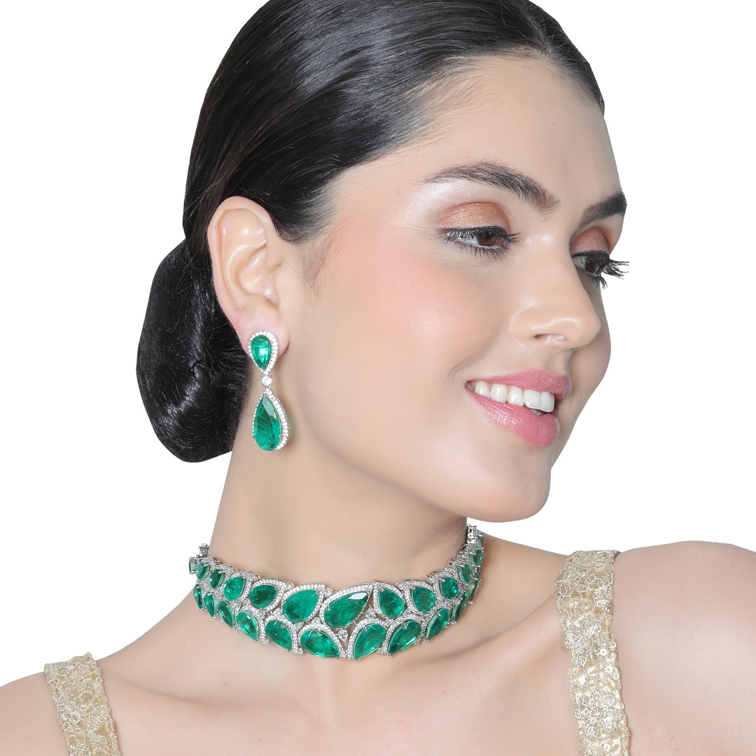 Dew drop shaped Emerald Doublet Choker set with Cubic Zirconia