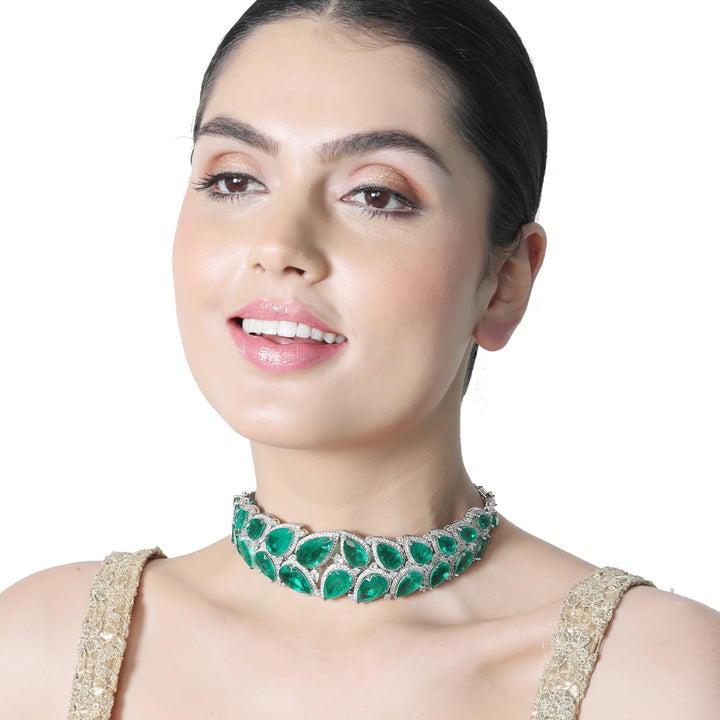 Dew drop shaped Emerald Doublet Choker set with Cubic Zirconia