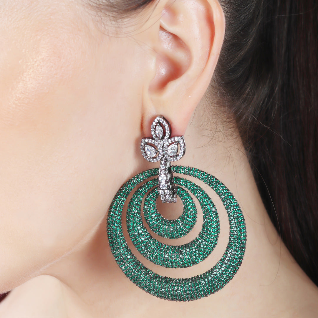 Emerald Green Cubic Zirconia Danglers in Concentric Hoops Design