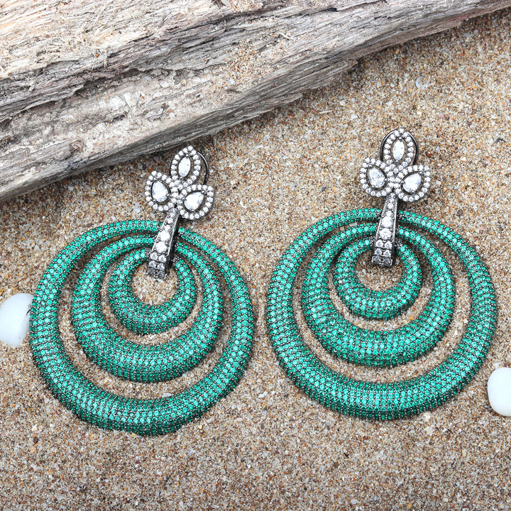 Emerald Green Cubic Zirconia Danglers in Concentric Hoops Design