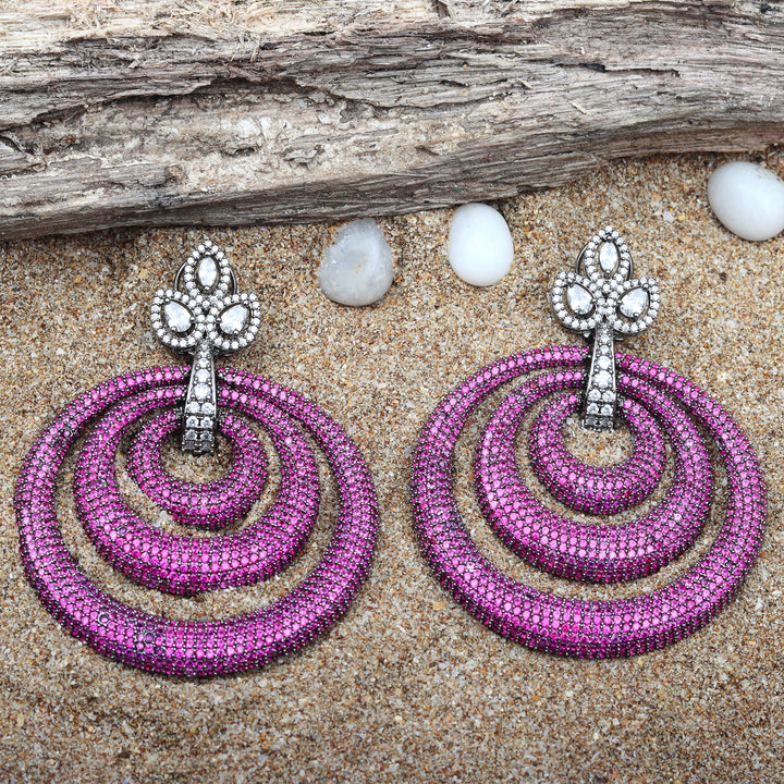 Pink Cubic Zirconia Danglers in Concentric Hoops Design