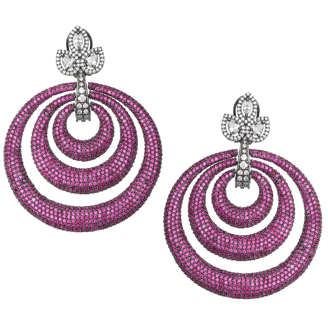 Pink Cubic Zirconia Danglers in Concentric Hoops Design