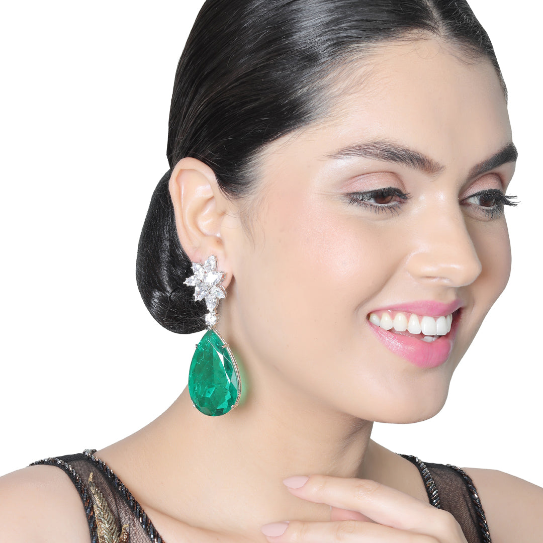 Dew Drop shaped Emerald Doublet Danglers with Cubic Zirconia in a Floral design