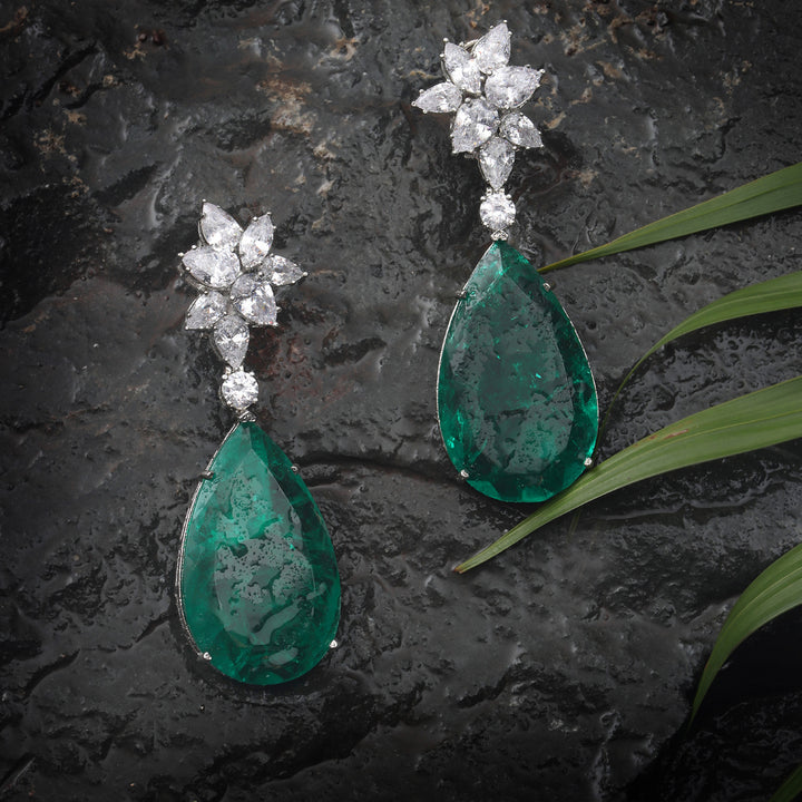 Dew Drop shaped Emerald Doublet Danglers with Cubic Zirconia in a Floral design
