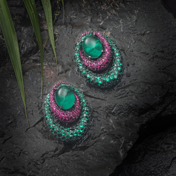 Dark Pink Doublet earrings with Emerald Green & Pink Cubic Zirconia