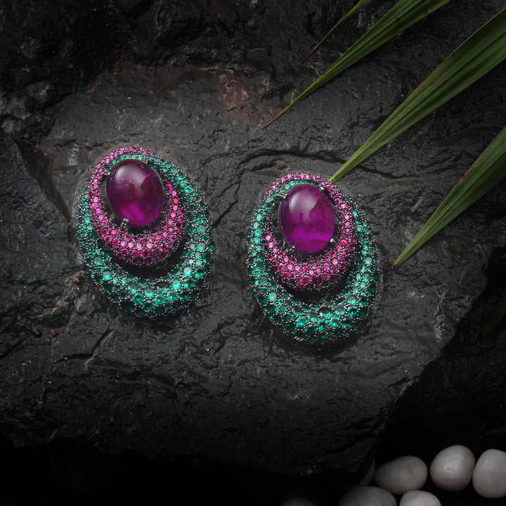 Dark Pink Doublet earrings with Emerald Green & Pink Cubic Zirconia