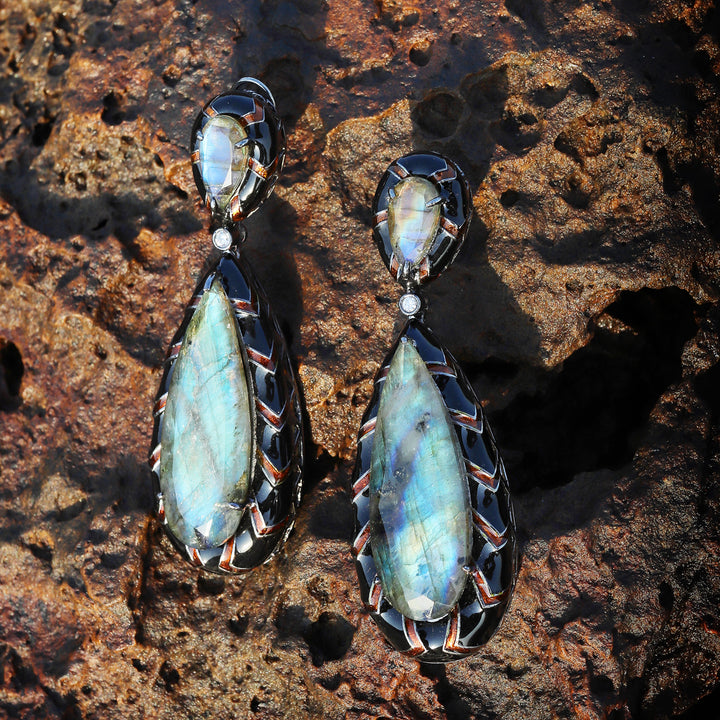 Black Labradorite Earrings with Black & Red Enameled Border