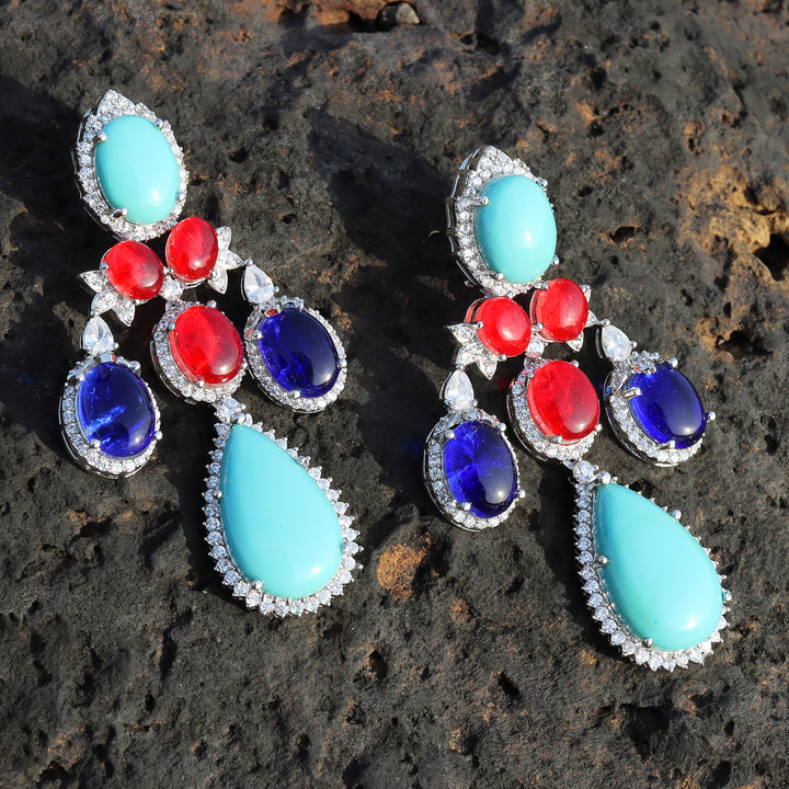 Danglers with Turquoise Red & Blue Stones with Cubic Zirconia design detailing