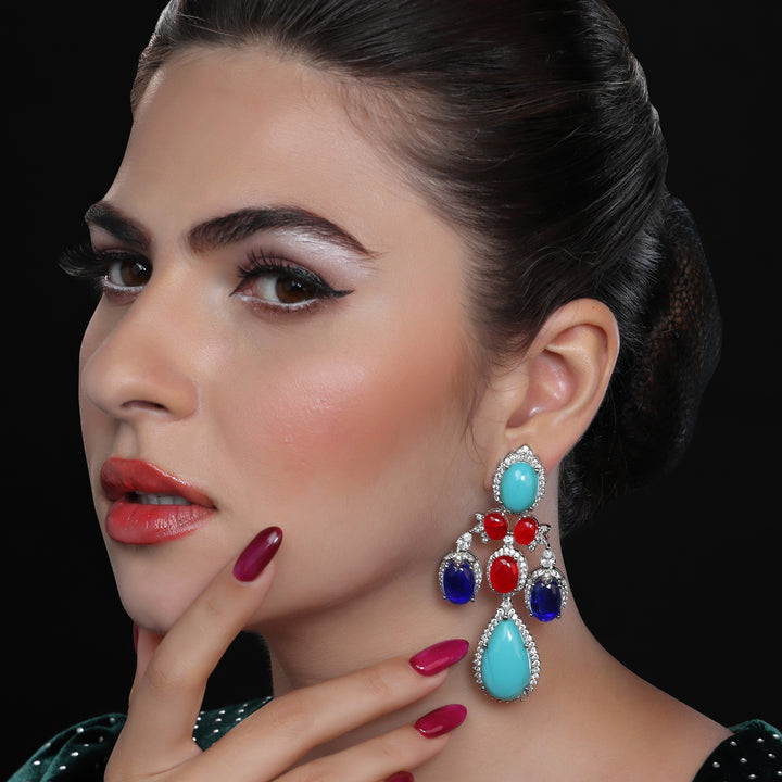 Danglers with Turquoise Red & Blue Stones with Cubic Zirconia design detailing