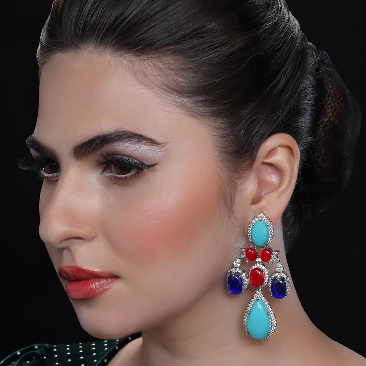 Danglers with Turquoise Red & Blue Stones with Cubic Zirconia design detailing