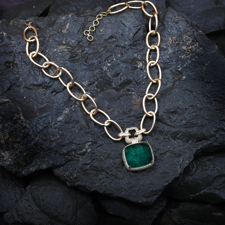 Sea Green Doublet & Cubic Zirconia Chain-Link Necklace.