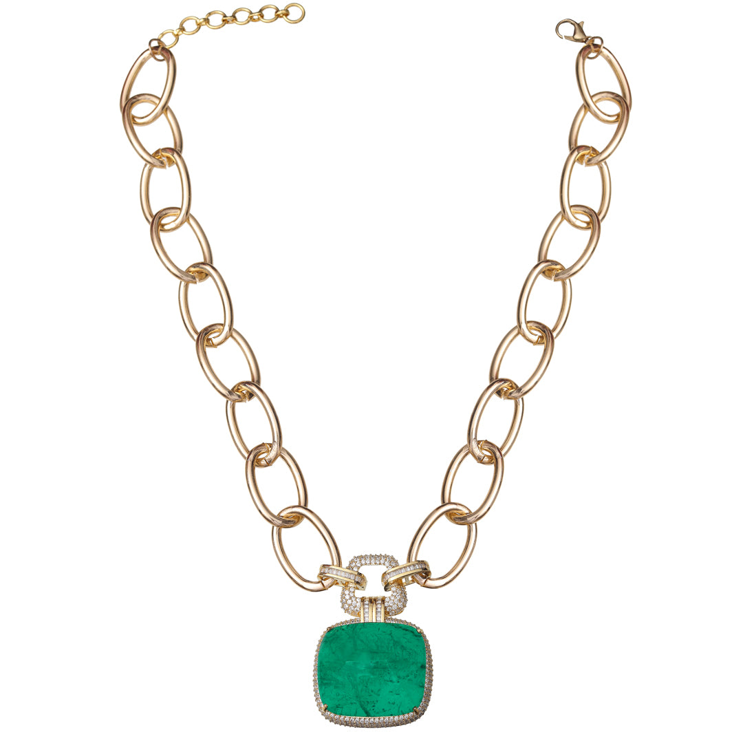 Emerald Green Doublet & Cubic Zirconia Chain-Link Necklace.