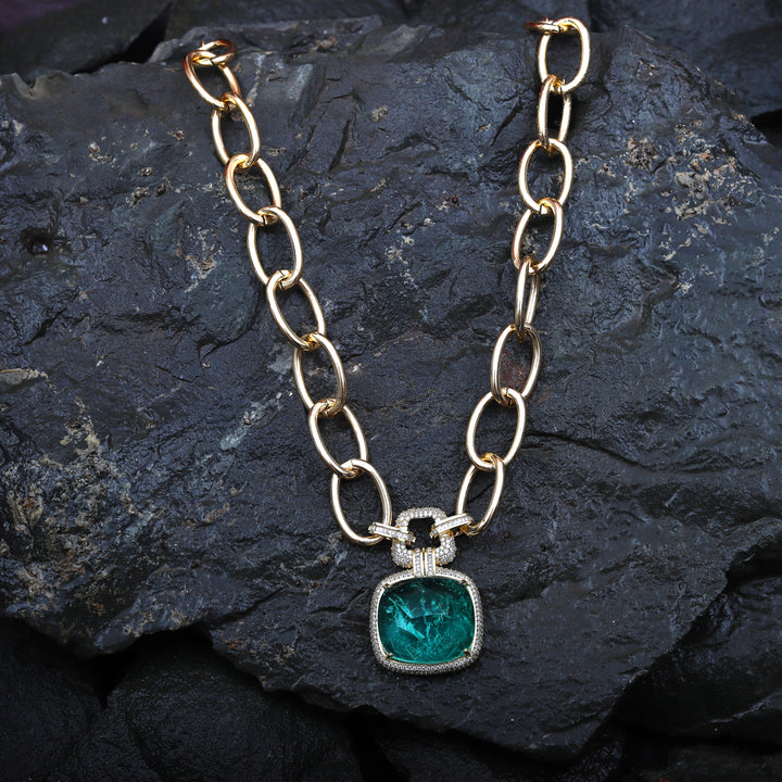 Sea Green Doublet & Cubic Zirconia Chain-Link Necklace.