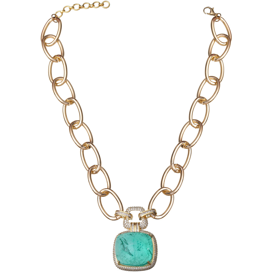 Sea Green Doublet & Cubic Zirconia Chain-Link Necklace.