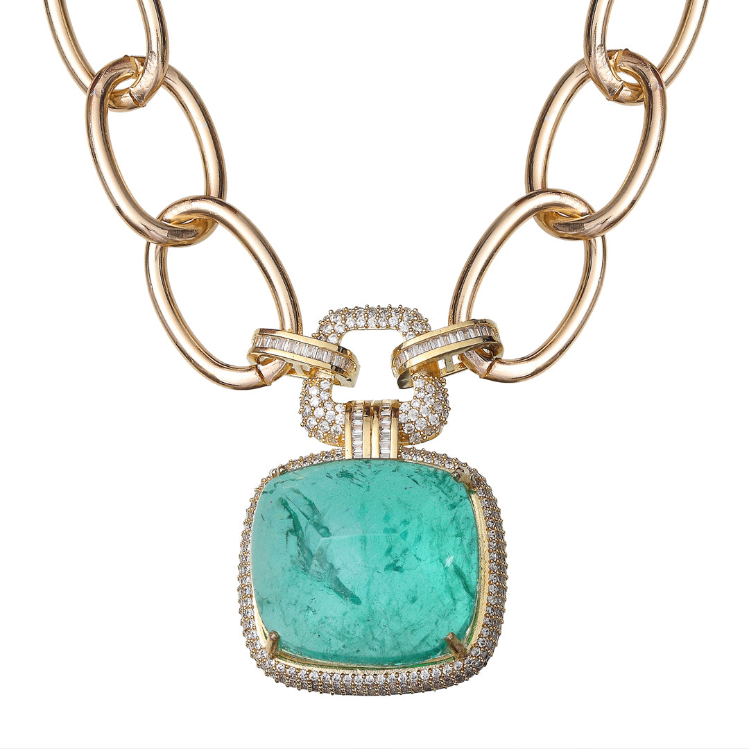 Sea Green Doublet & Cubic Zirconia Chain-Link Necklace.