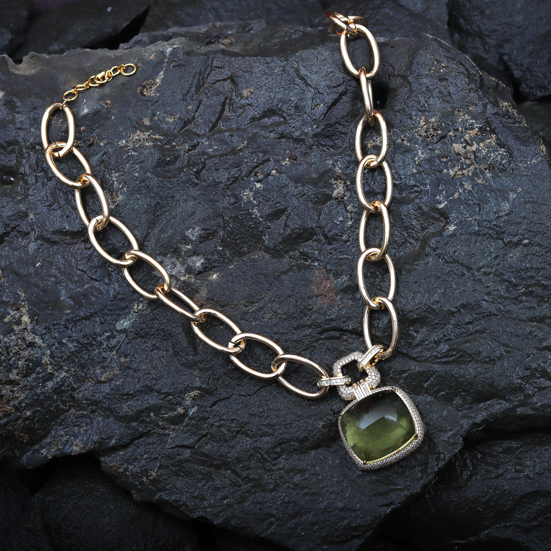 Emerald Green Doublet & Cubic Zirconia Chain-Link Necklace.
