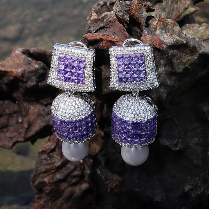 Lilac and Clear Cubic Zirconia Jhumkis with Pearl drop