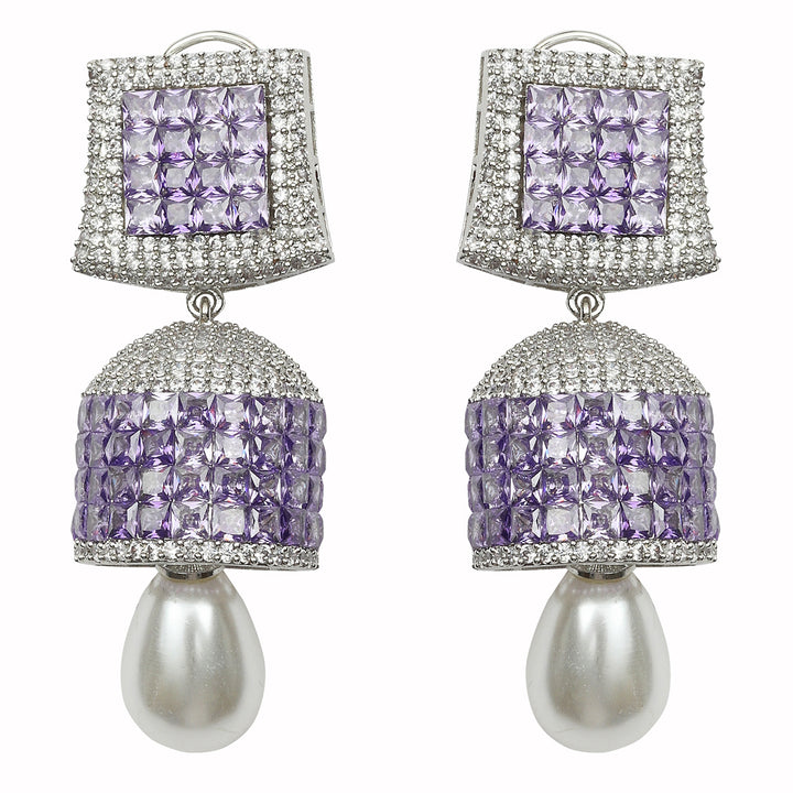 Lilac and Clear Cubic Zirconia Jhumkis with Pearl drop