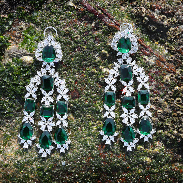 Three Strings Emerald Stone & Cubic Zirconia Danglers