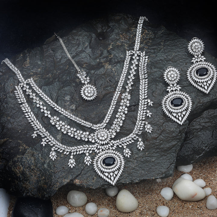 3-Tiered Rodium Plated Necklace Set with Black Onyx & Cubic Zirconia