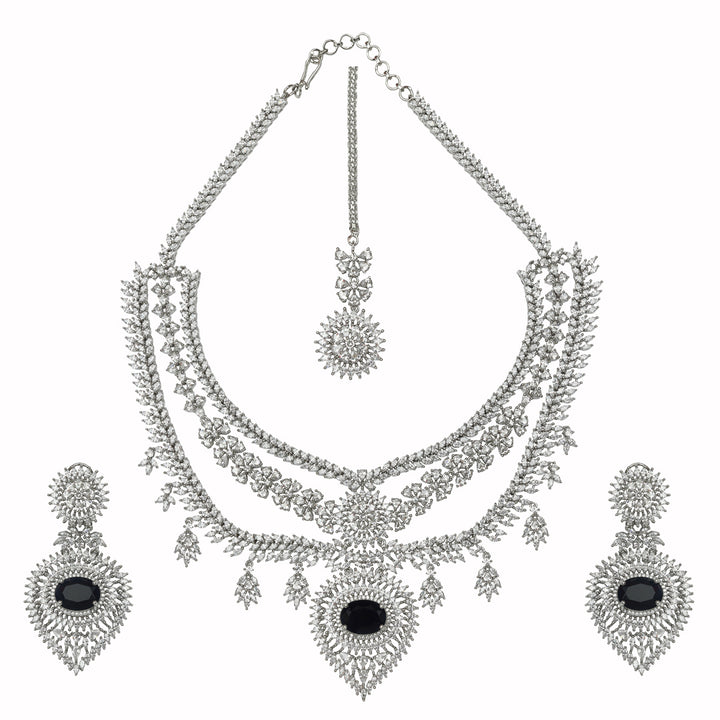 3-Tiered Rodium Plated Necklace Set with Black Onyx & Cubic Zirconia