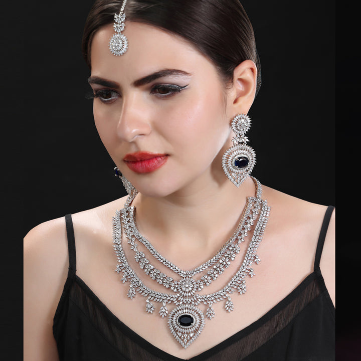 3-Tiered Rodium Plated Necklace Set with Black Onyx & Cubic Zirconia