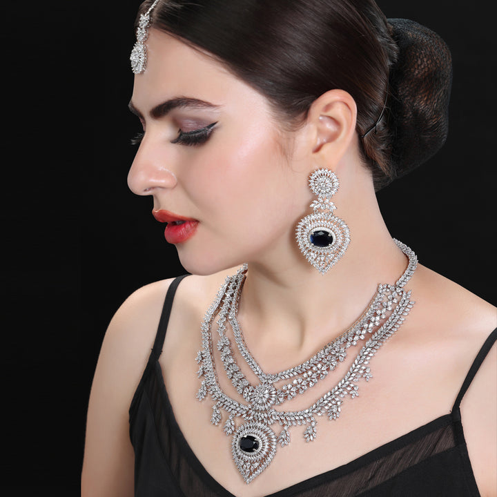 3-Tiered Rodium Plated Necklace Set with Black Onyx & Cubic Zirconia