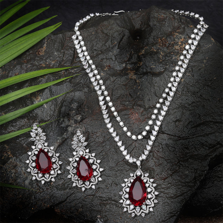 Rhodium Plated Two Layered Cubic Zirconia Ruby Red Necklace Set
