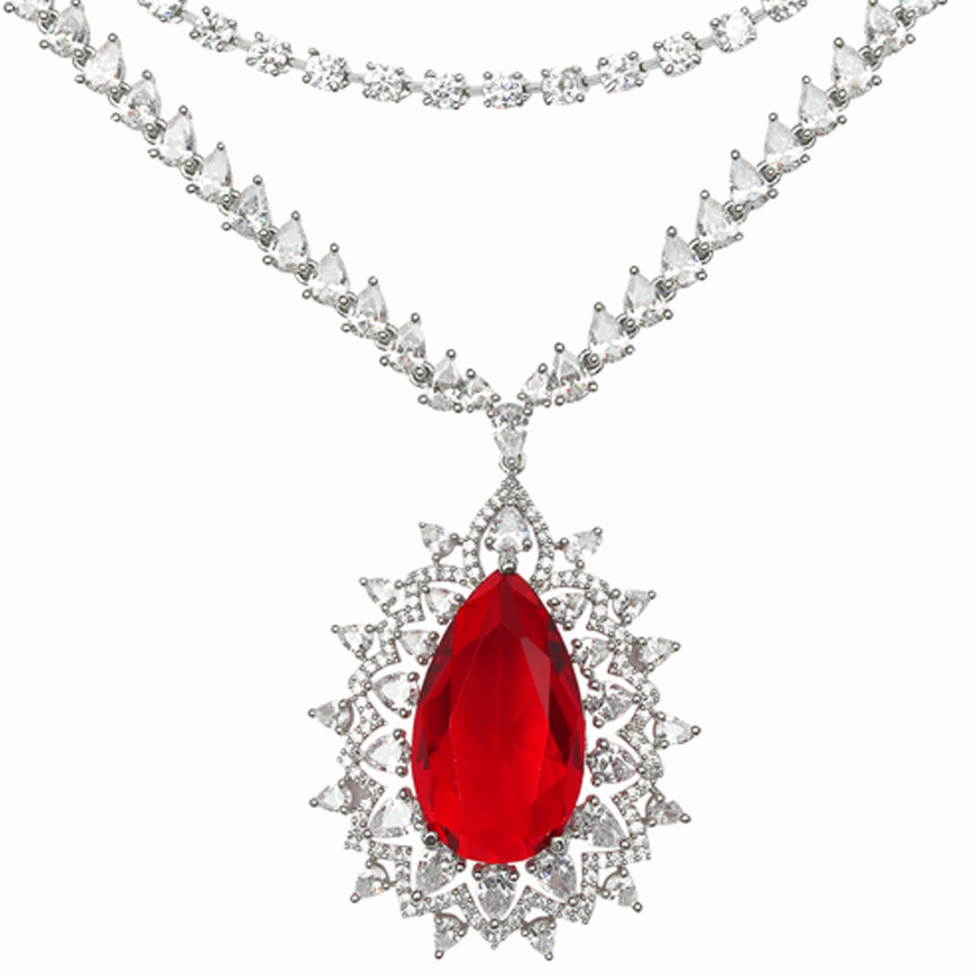 Rhodium Plated Two Layered Cubic Zirconia Ruby Red Necklace Set