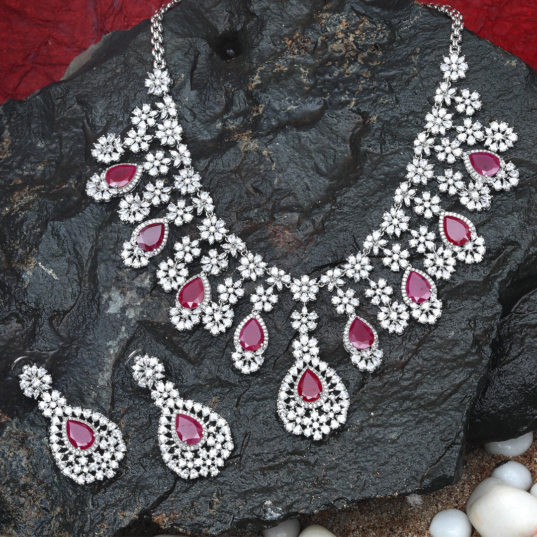 Rodium Plated Cubic Zirconia Necklace with Ruby Stone drops