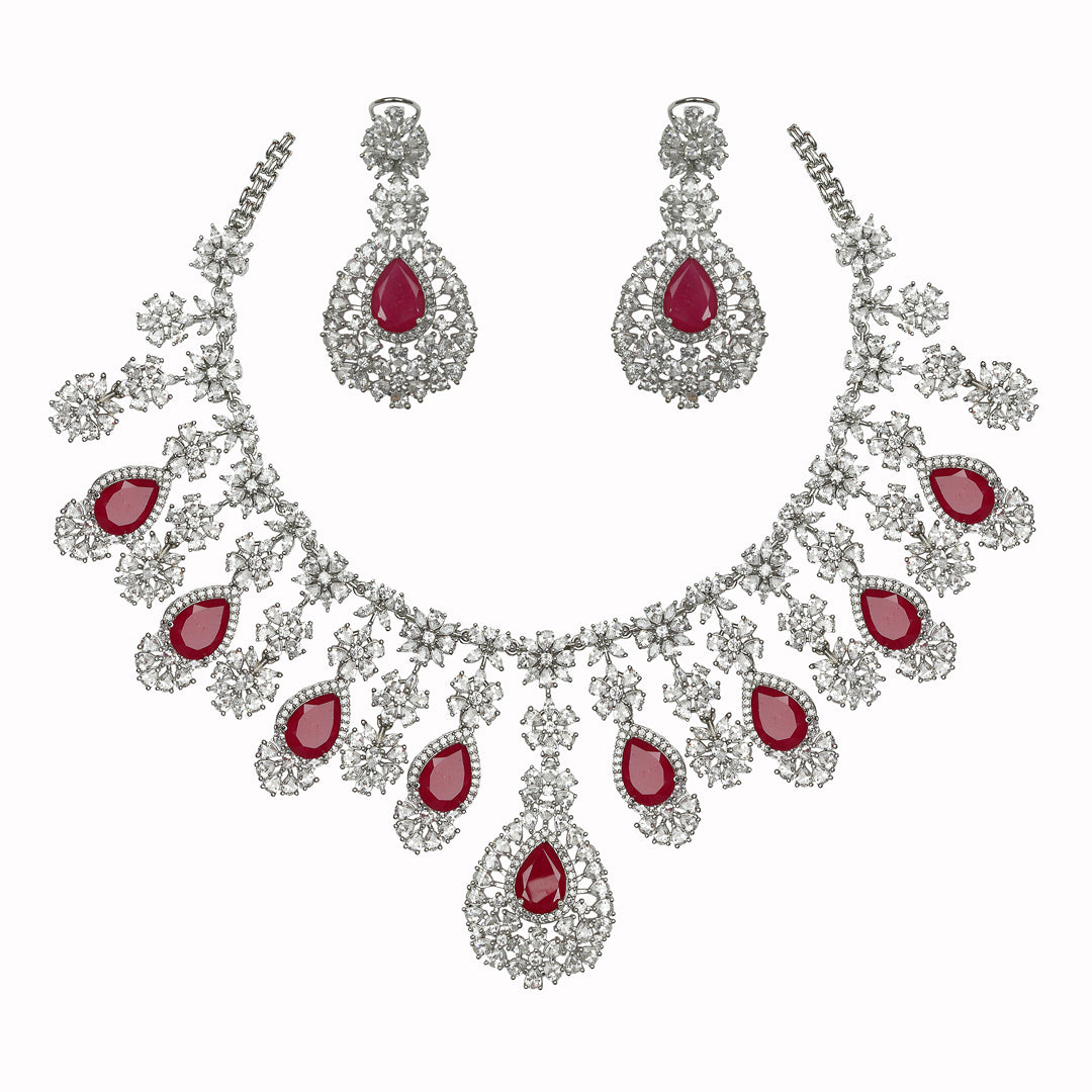 Rodium Plated Cubic Zirconia Necklace with Ruby Stone drops