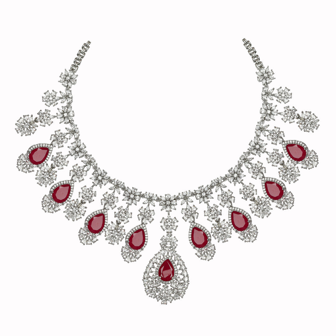 Rodium Plated Cubic Zirconia Necklace with Ruby Stone drops