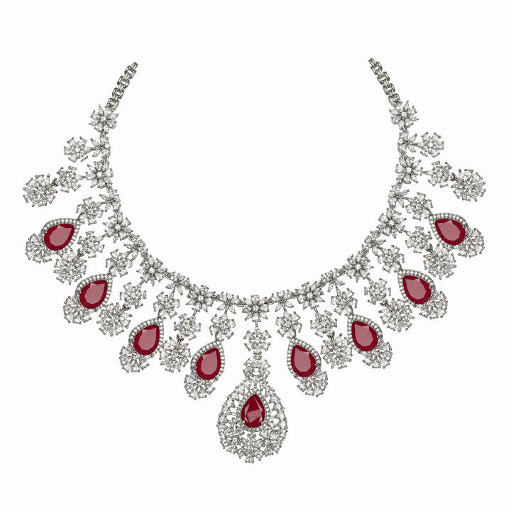 Rodium Plated Cubic Zirconia Necklace with Ruby Stone drops